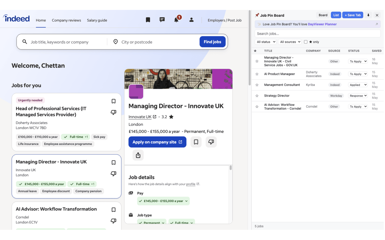 Job Pin Board list view of saved job applications in the Chrome side panel
