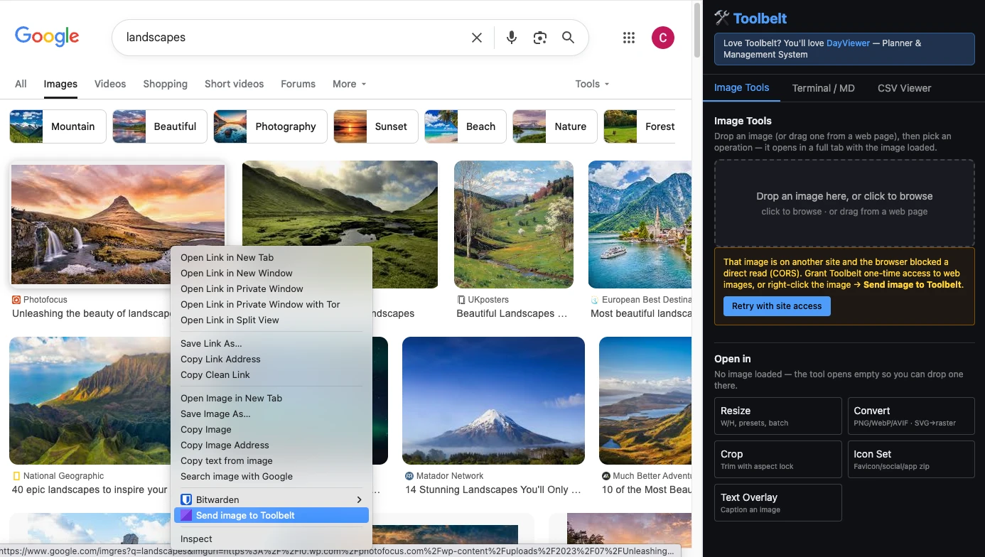 Toolbelt loading an image from a web page via the right-click context menu